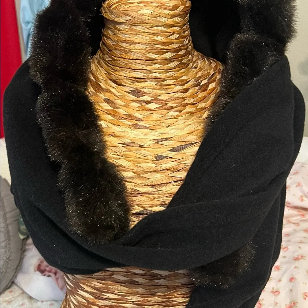 Black Faux Fur-Trimmed Hooded Wrap - Picture 2 of 11
